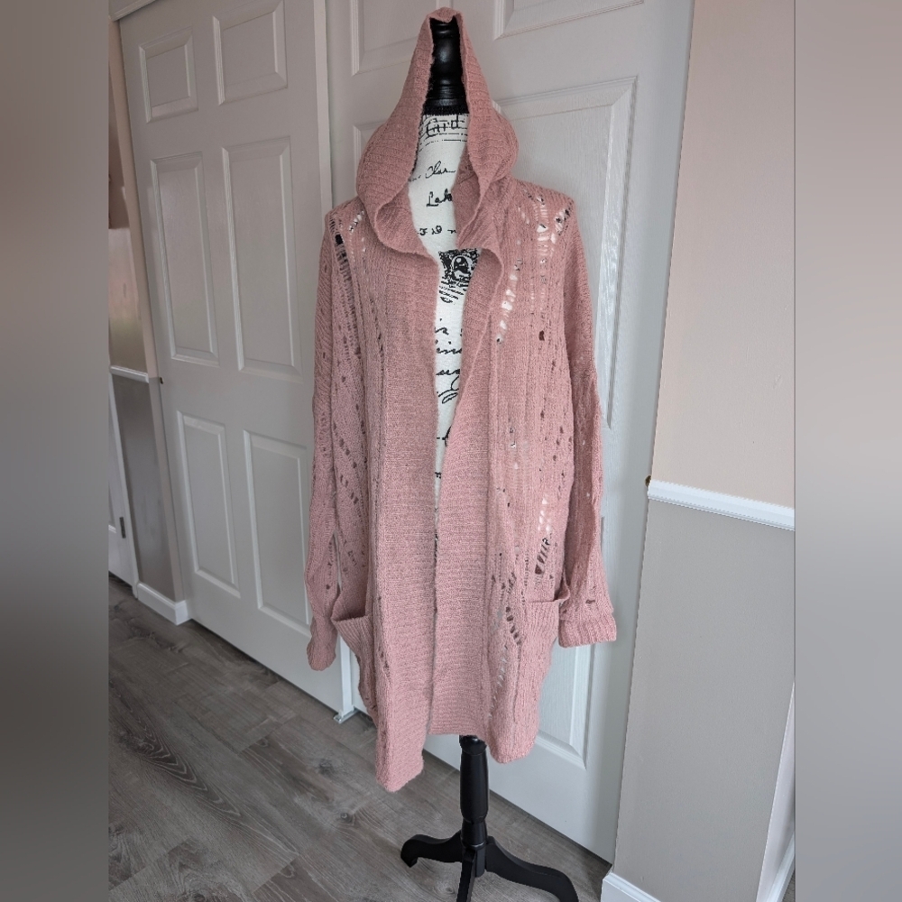 Free People Blush Pink Hooded Open Knit Cardigan